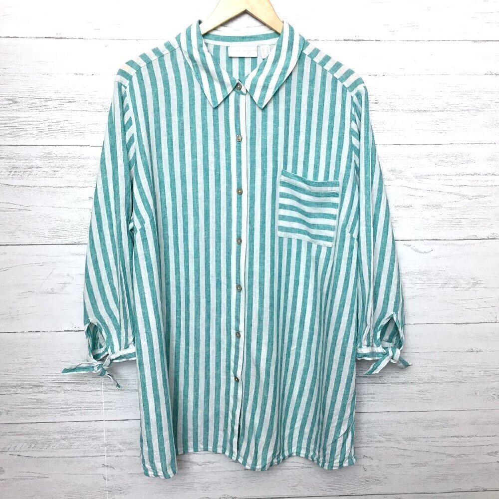 Susan Graver Women's Shirt Green and White Striped Linen Blend Button Front 1X